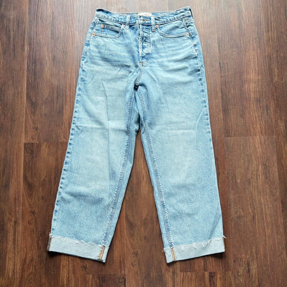 Light/Mid Wash Highest Rise Straight Ankle Jeans Cuffed Raw Hem Dad Jeans 6S